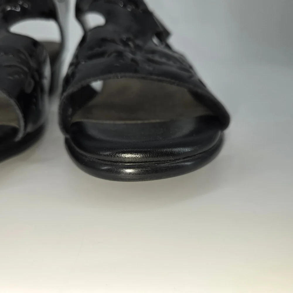 SAS Sunburst Tripad‎ Comfort Black Patent Leather Cutout Sandal Low Heel 10 W